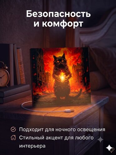 Картина-ночник «Котик с сердечком в огненном лесу» 20 × 20 см — x3mGift — фото 1 из 1