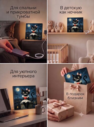Картина-ночник «Кошечка с бантиком и сердечком под луной» 20 × 20 см — x3mGift — фото 1 из 1