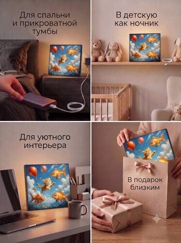 Котик и золотые рыбки с воздушными шарами — картина с золотыми рыбками