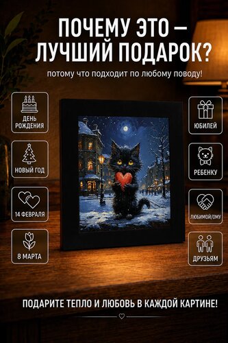 Картина с паспарту «Котик с сердечком в снежном городе» 30 × 30 см — x3mGift — фото 1 из 1