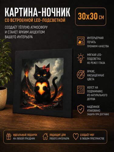 Картина с паспарту «Кошечка с бантиком и сияющим сердечком» 30 × 30 см — x3mGift — фото 1 из 1